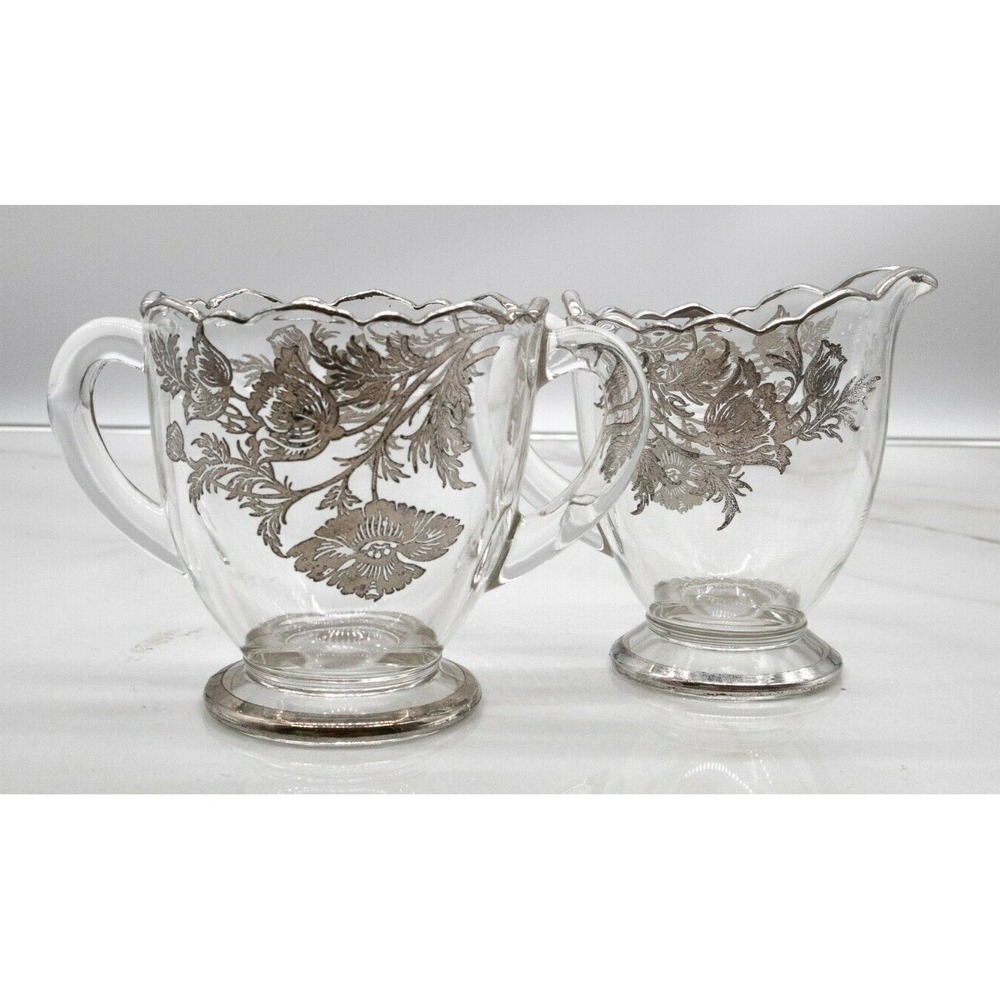 VTG Viking Glass Creamer and Sugar Silver City Poppy Silver Overlay Cottage Core